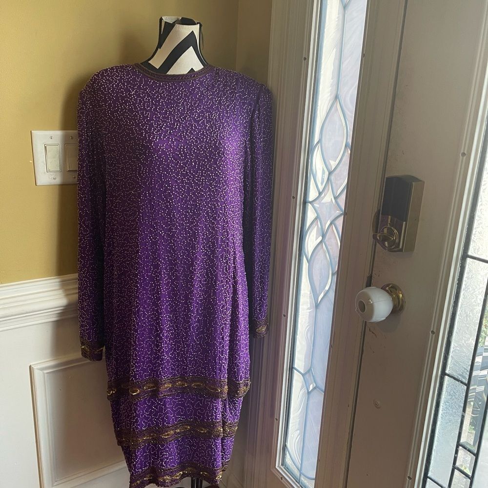 Vintage Carina 100% Silk Purple and Gold  Beaded Formal Midi dress  Size XL